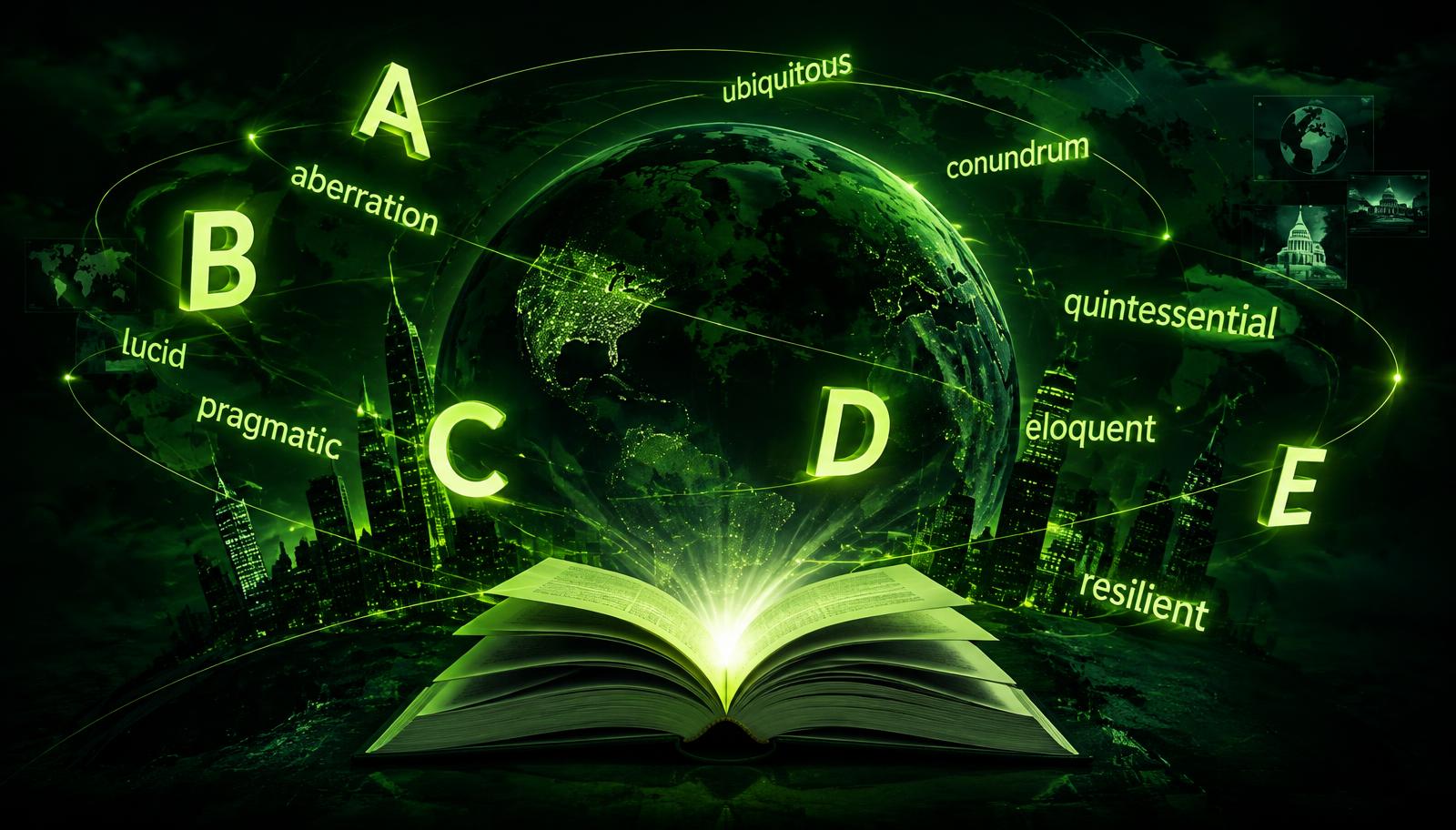 Glowing GRE vocabulary words orbiting a globe above an open book